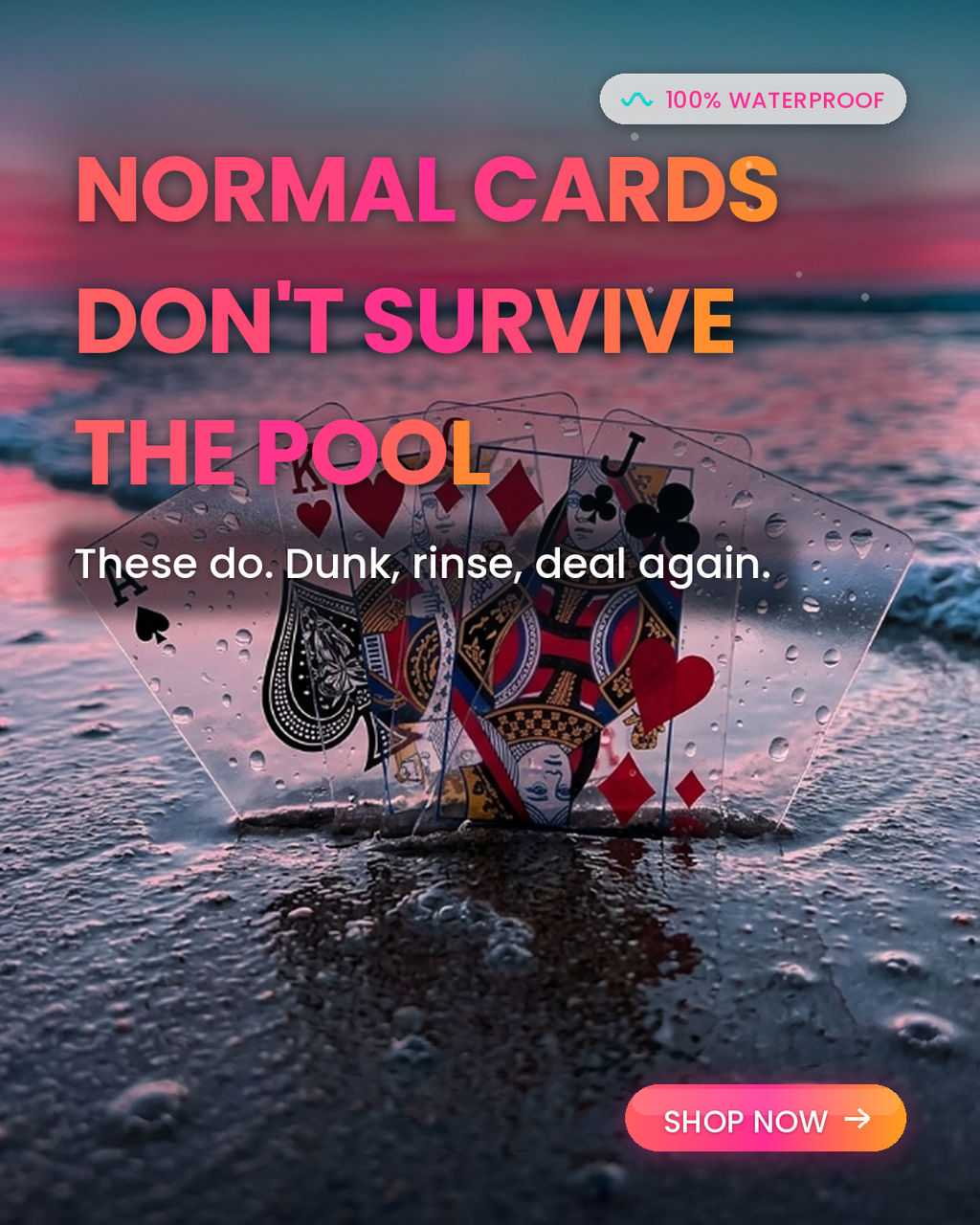 Waterproof transparent playing cards on wet beach sand at sunset