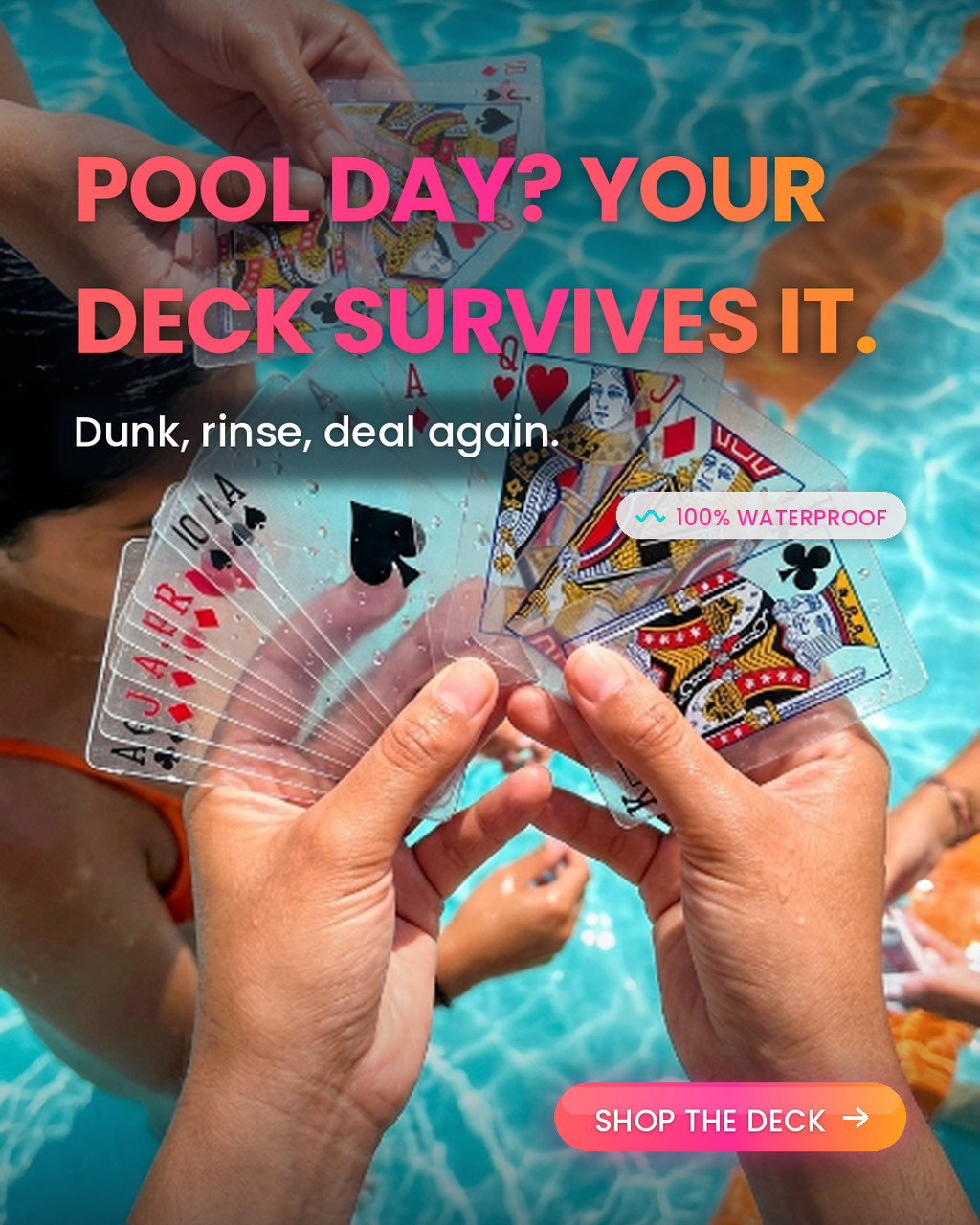 100% waterproof playing cards fanned over a pool - your deck survives it